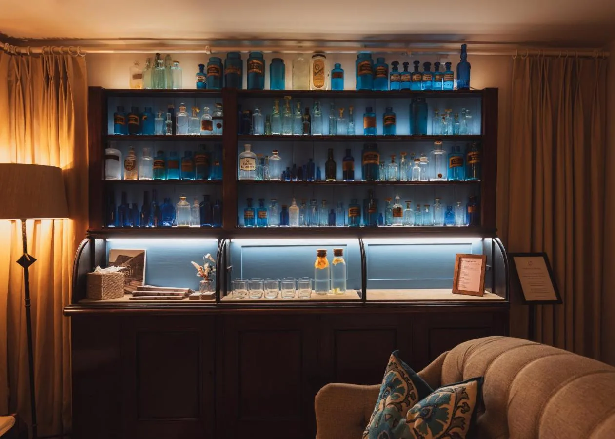 a room with a shelf filled with lots of bottles at No 15 by GuestHouse, Bath in Bath
